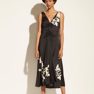 New Vince Ruched Satin Floral V-Neck Dress